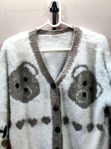 Imported women's V-neck fuzzy knit cardigan/sweate