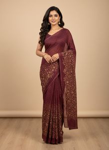 Elegant Floral Print Maroon pre stitch Saree