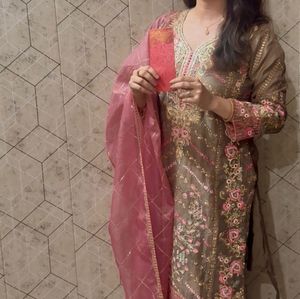 Olive Green And Pink Festive Suit