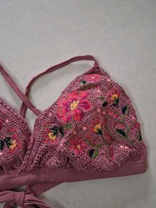 XL Pink Embroidered Crochet Bikini Top