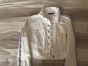 White Crop Denim Jacket with Side Stripes