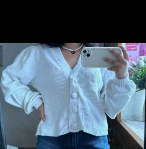White Ribbed Cardigan with Balloon Sleeves