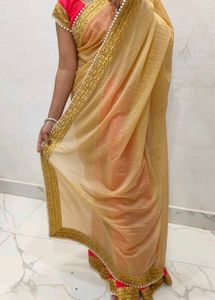 party wear  Gold pink  Saree with Embellished Bord