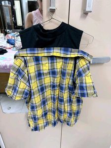 Yellow &amp; Blue Plaid Cold Shoulder Top