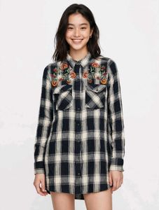 Embroidered Plaid Shirt Dress