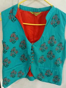 Turquoise Ethnic Print Sleeveless Jacket