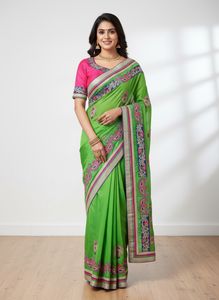 Vibrant Green Designer Saree with Pink Blouse