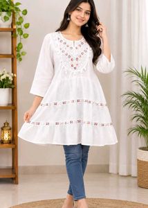 Embroidered White Cotton Kurta Frock