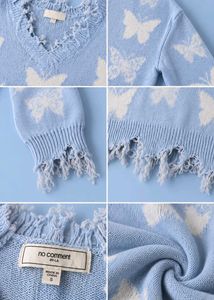 POWDER BLUE BUTTERFLY DISTRESSED CROPPED KNIT SWEA