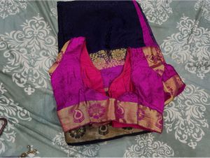 Elegant Navy Blue Saree with Pink Border