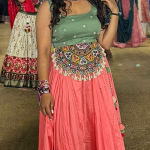 GREEN COLOR BLOUSE WITH PINK LEHENGA
