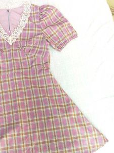 Pink Plaid Lace Trim Dress