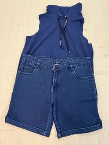 Blue Sleeveless Hoodie &amp; Denim Shorts Set