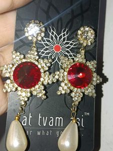 Stunning Red &amp; Pearl Dangle Earrings