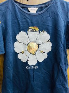 Guess Blue Cold Shoulder Sequin Flower Top
