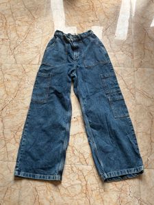 Wide Leg Denim Cargo Pants