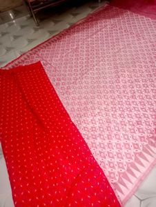 Vibrant Red Cotton Saree with White Motifs