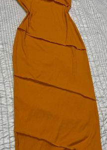 Orange Strapless Bodycon Midi Dress