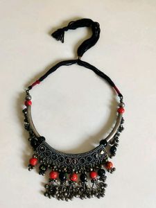 Boho Oxidized Silver Beaded Choker Necklace