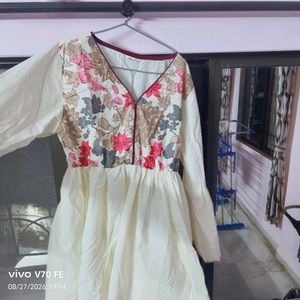 Cream Bell Sleeve Kurta with Floral Print