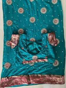 Elegant Teal Saree With Work