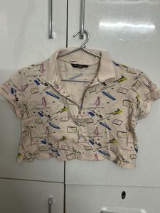 Cute Printed Cropped Polo Top