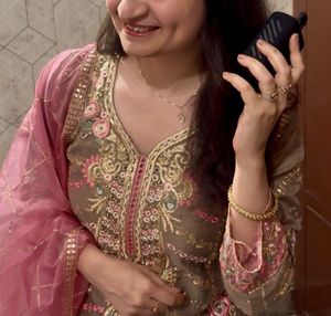 Olive Green And Pink Festive Suit