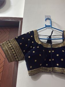 Navy Blue Embroidered Velvet Blouse