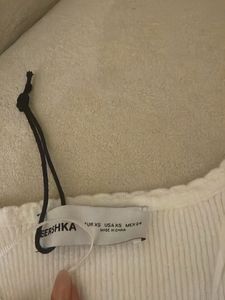 bershka White Ribbed Knit Top with bow