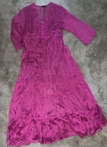 Magenta Tiered Maxi Dress with Embroidered V-Neck