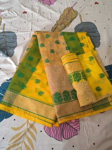 Yellow & Green Cotton Saree