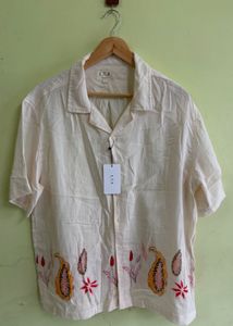 Men's Cream Embroidered Short Sleeve Shirt