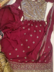 Embellished Maroon long kurta pant set(nyra cut)