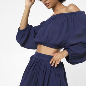 Blue Off-Shoulder Crop Top