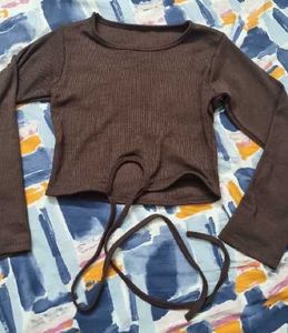 Brown Ribbed Tie-Front Cropped Top