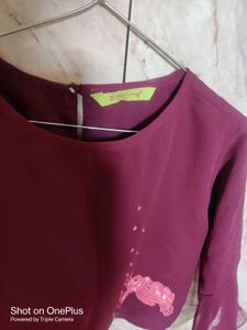 Maroon Sheer Sleeve Blouse