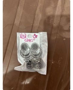 GNG Silver Oxidised Jhumka Earrings