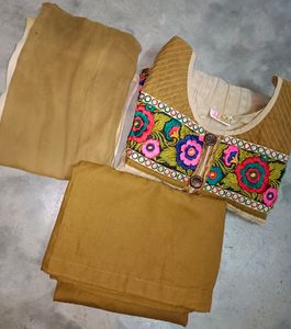 Cotton Embroidered Kurta With Churidar And Dupatta