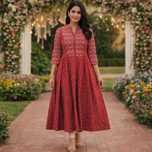 Red Printed Flared Kurta