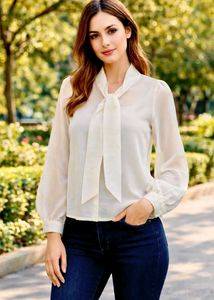 Elegant Off White Bow Blouse