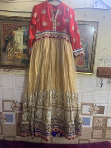 Red &amp; Gold Embroidered Anarkali Dress