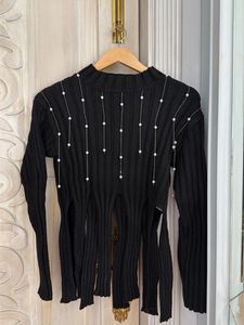 Black Ribbed Pearl Embellished Top