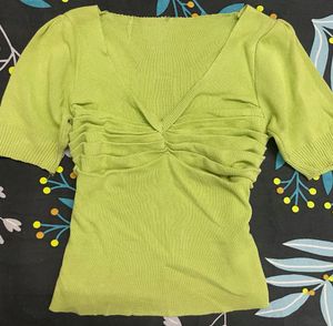 Lime Green Ruched V-Neck Top