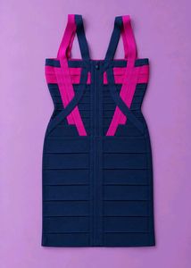 NAVY BLUE &amp; HOT PINK STRAPPY BANDAGE BODYCON DRESS