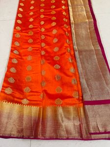 Orange Banarasi Silk Saree With Pink Border