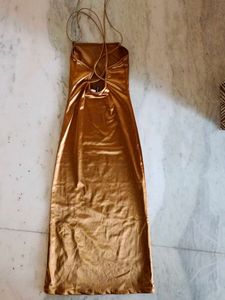 H&amp;M Elegant Gold Satin Maxi Dress with Slit