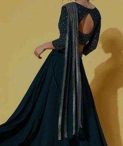Kvsfab Teal Embellished Sequinned Lehenga &amp; Blouse With Attached Dupatta