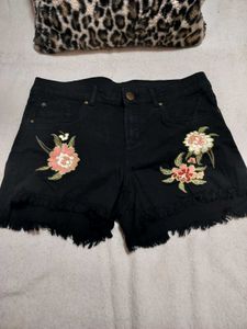 Black Embroidered Denim Shorts