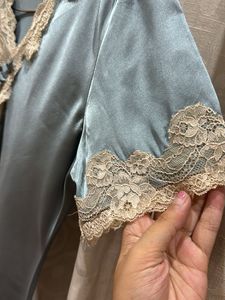 Light Blue Satin Nightgown with Lace Trim