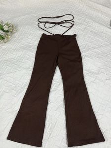 Brown Shimmer Flare Pants with Tie-Up De